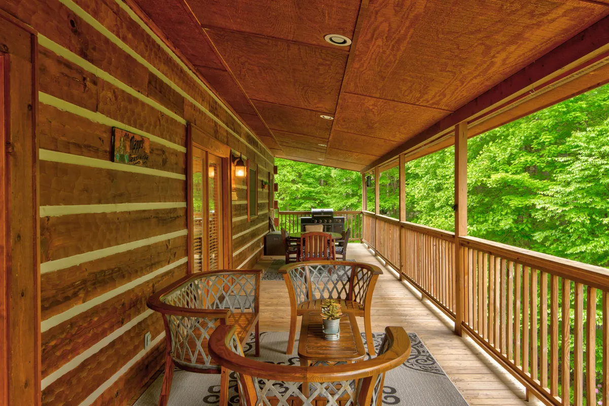 The image shows a cozy outdoor seating area against the cabin’s wooden log walls, with a dining table and lush green foliage in the background. The space is designed for outdoor meals, socializing, and offers plenty of room for children and pets to play nearby.