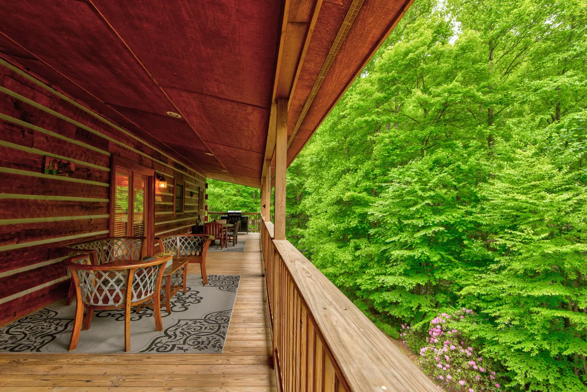 This exterior shot showcases a wooden deck with a comfortable seating area, decorative rug, and green foliage all around. The deck invites guests to relax, socialize, or stargaze while enjoying the sounds and sights of nature. The setup hints at group dinners, morning coffee, and the tranquility of a hammock nap, all under the canopy of the surrounding woods.